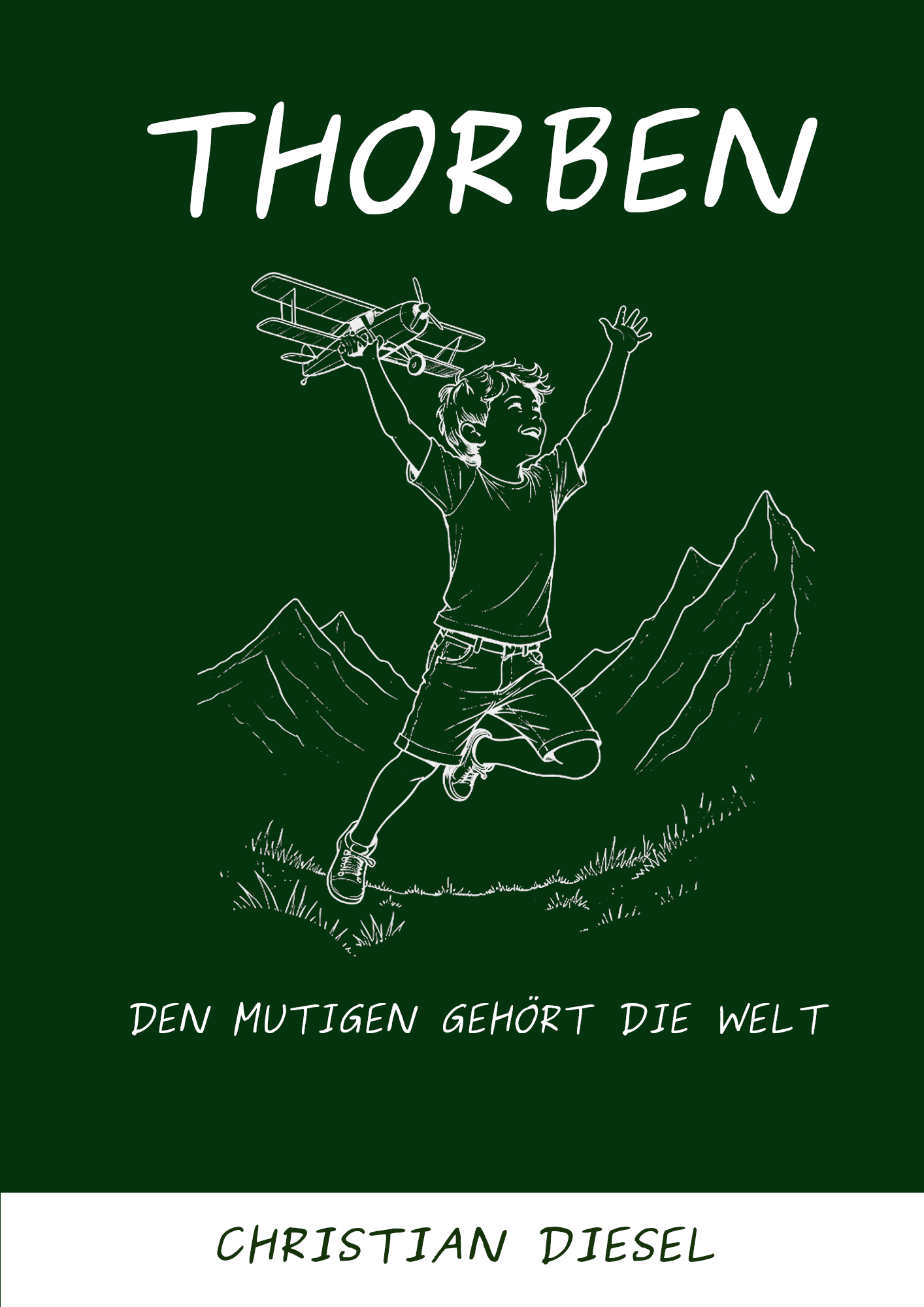 Thorben mit Flugzeug vor einem Berg