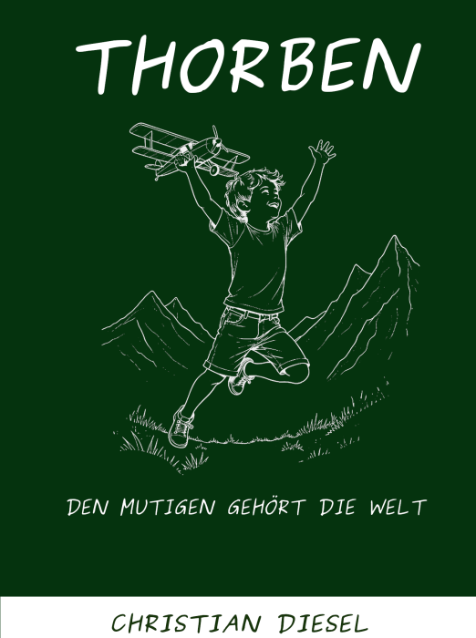 Thorben mit Flugzeug vor einem Berg