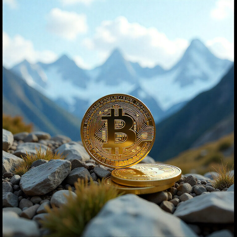 Bitcoin in front of mountains