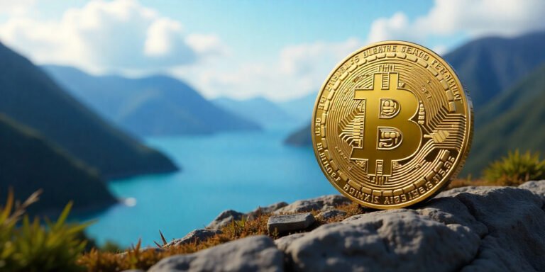 Bitcoin in den Bergen mit Meerblick